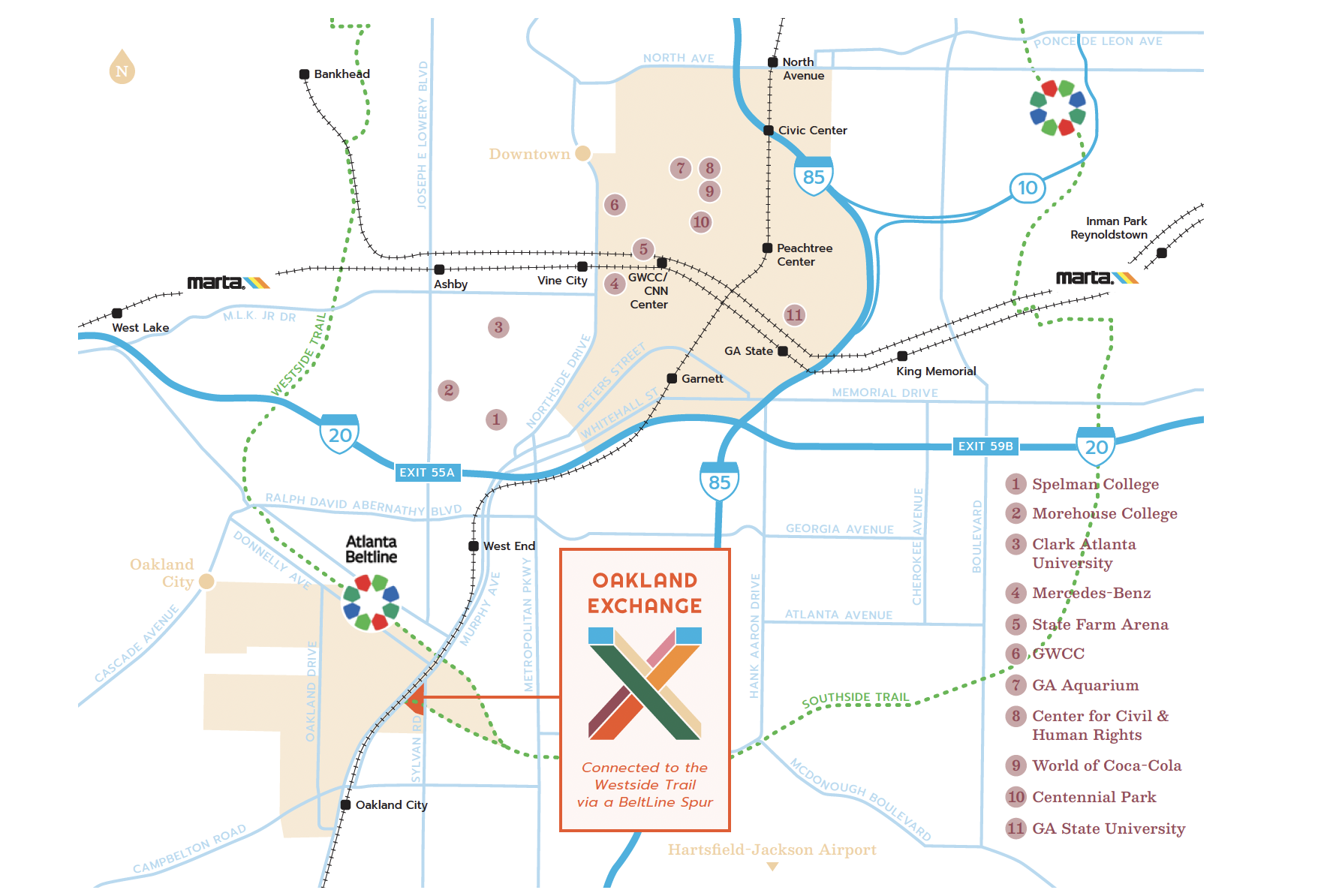 Map showing Oakland Exchange's location near the Atlanta BeltLine Westside Trail and surrounding landmarks