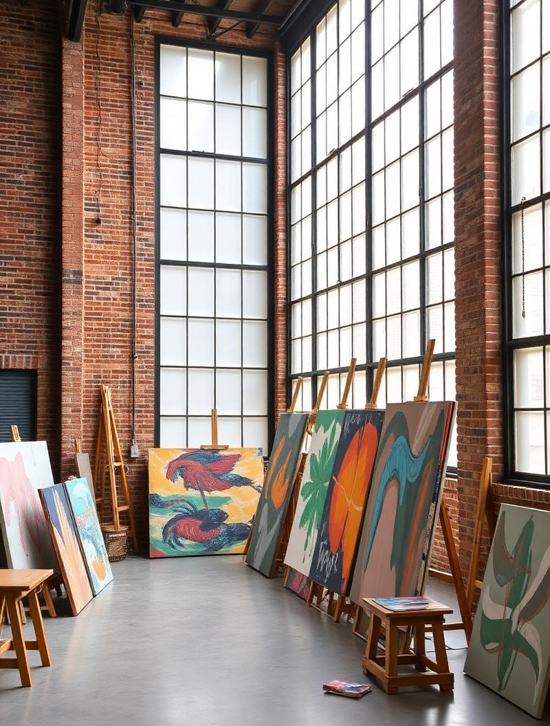 Creative studio with artwork and industrial windows