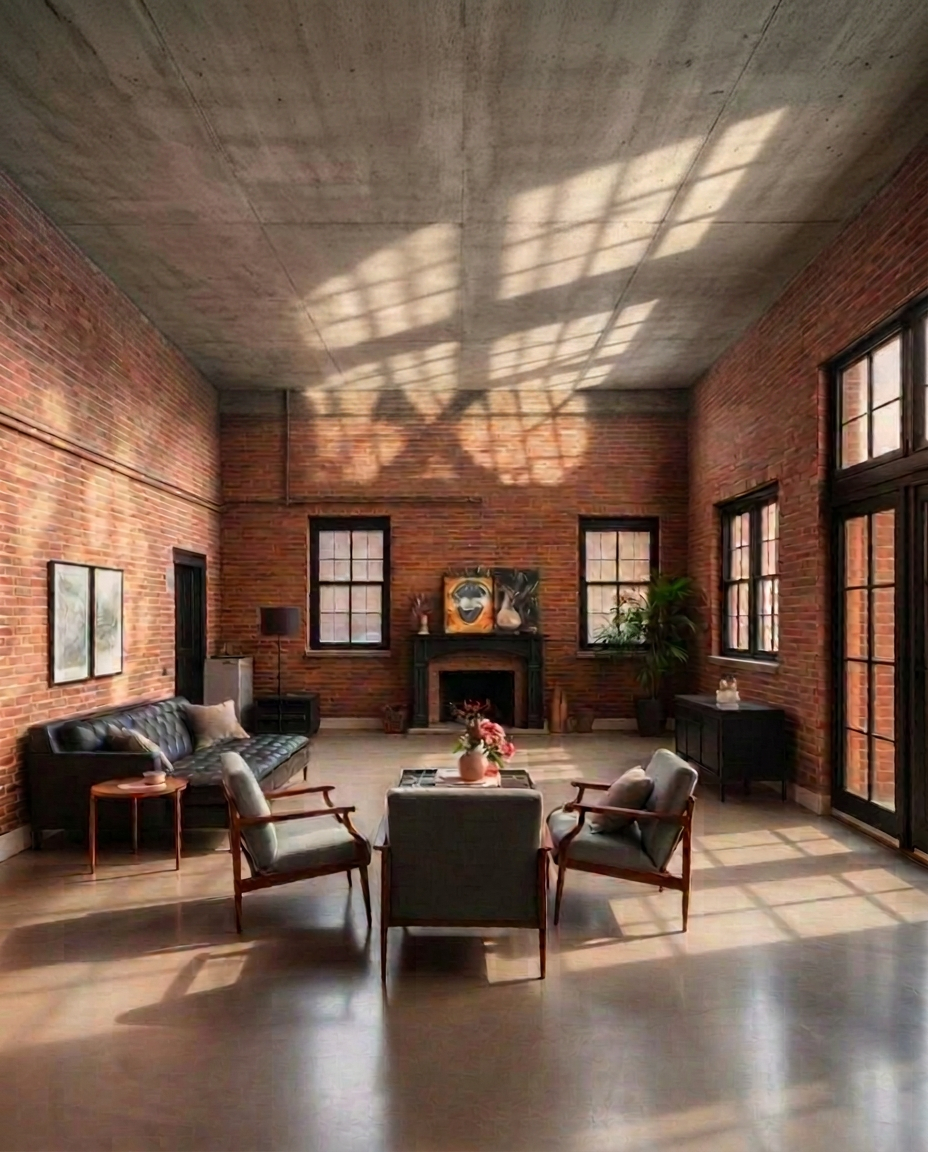 Restored industrial loft with brick walls and a smooth cement ceiling